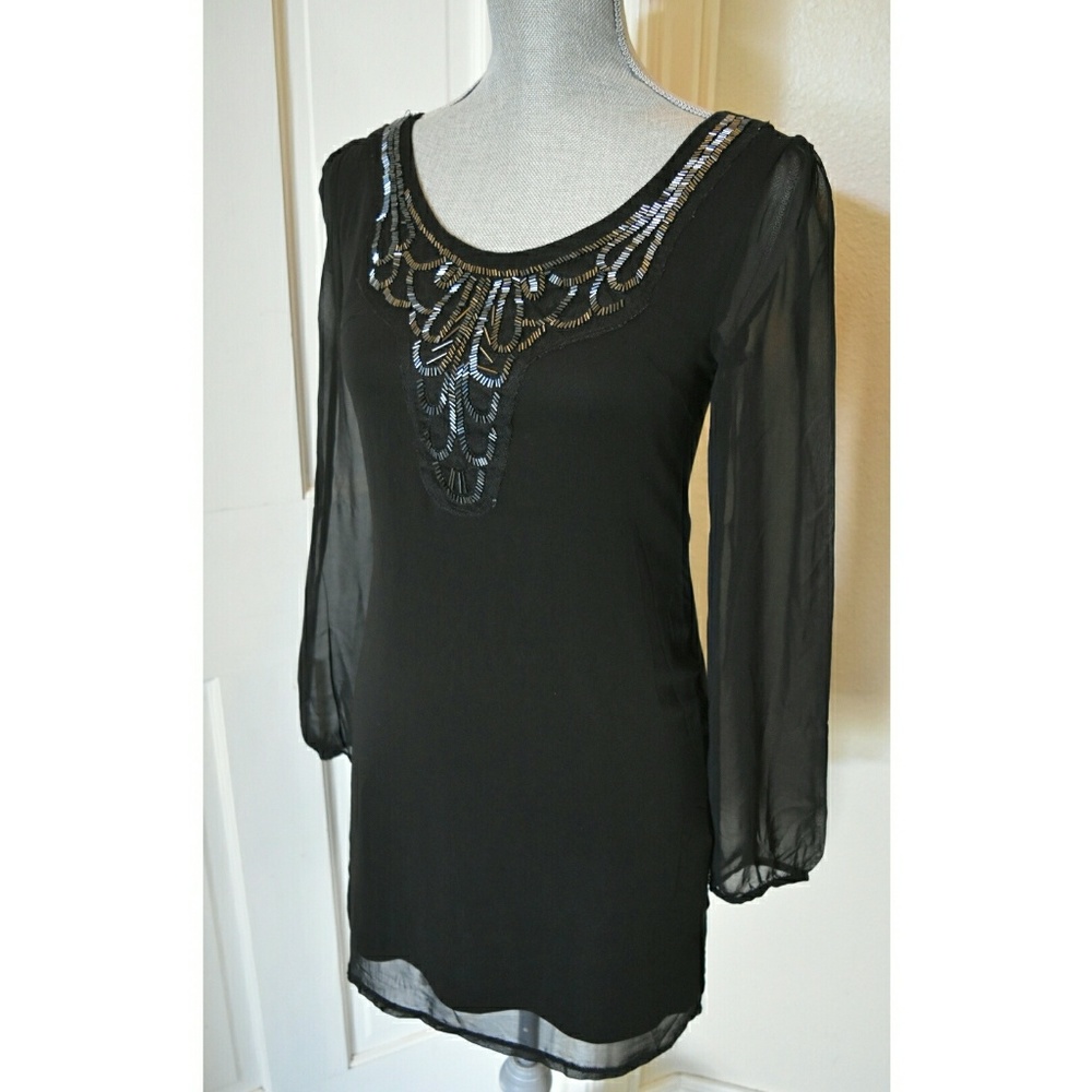 Black Bead-Embellished Long Sleeve Dress